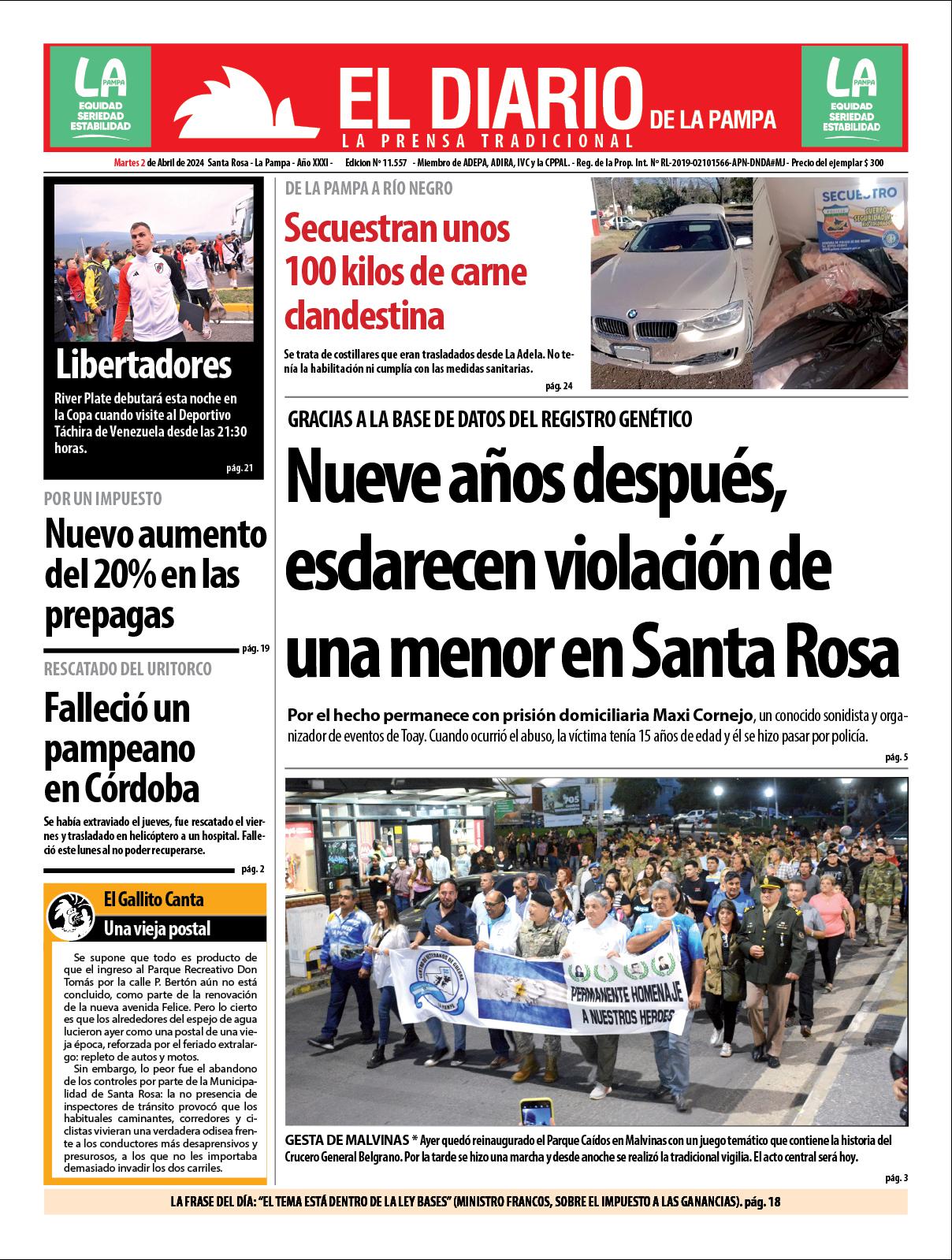 Tapa de El Diario en papel  martes 02 de abril de 2024